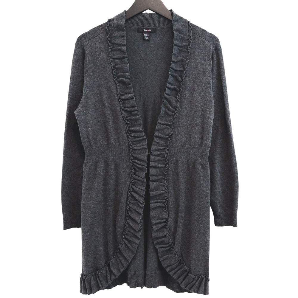 Style & Co Cardigan Women Large Gray Ruffle Trim Long Sleeve Open Front Romantic